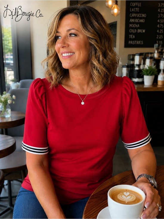 Lauren Ralph Lauren Tops - Lauren Ralph Lauren Red Boat Neck Short Sleeve Tee with Striped Cuffs - Large